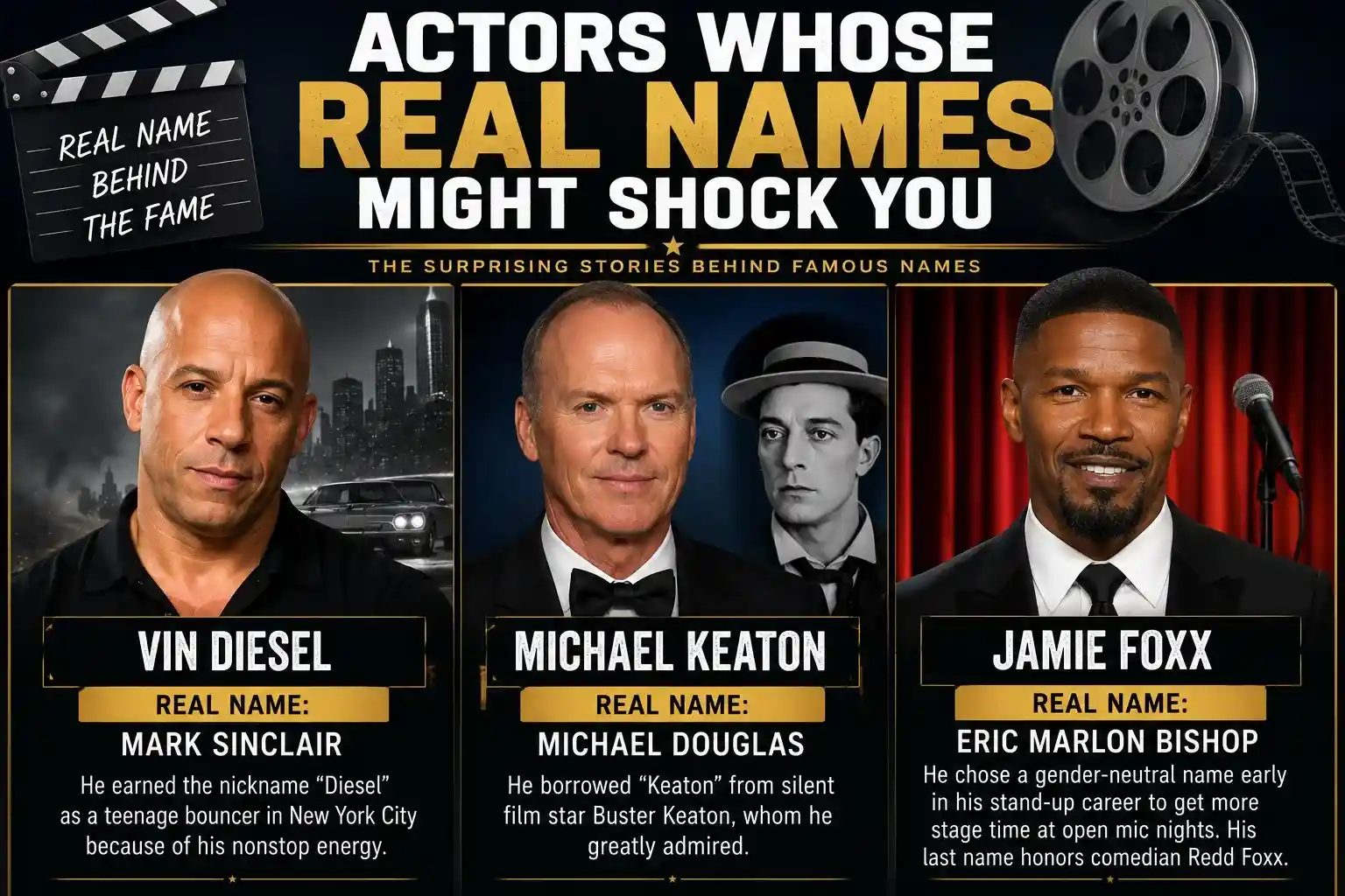 Vin Diesel, Michael Keaton, and Jamie Foxx with their real birth names displayed in a comparison graphic about actors who use stage names.
