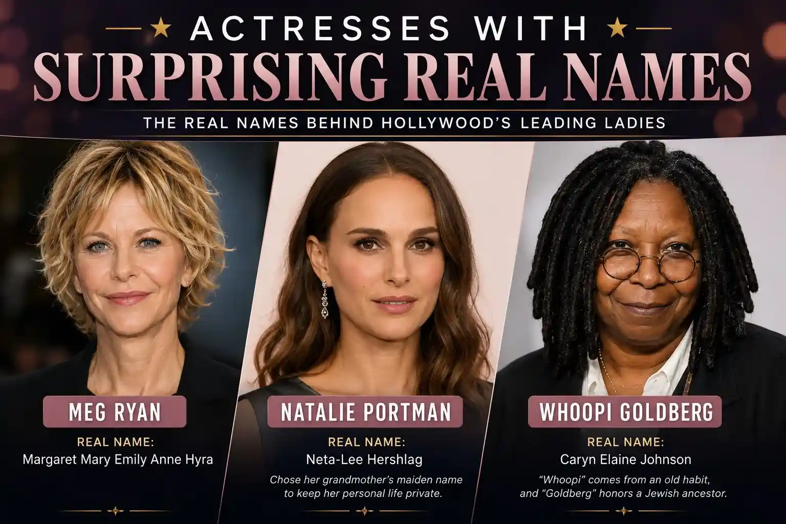Meg Ryan, Natalie Portman, and Whoopi Goldberg with their real birth names shown in a comparison collage about actresses who use stage names.