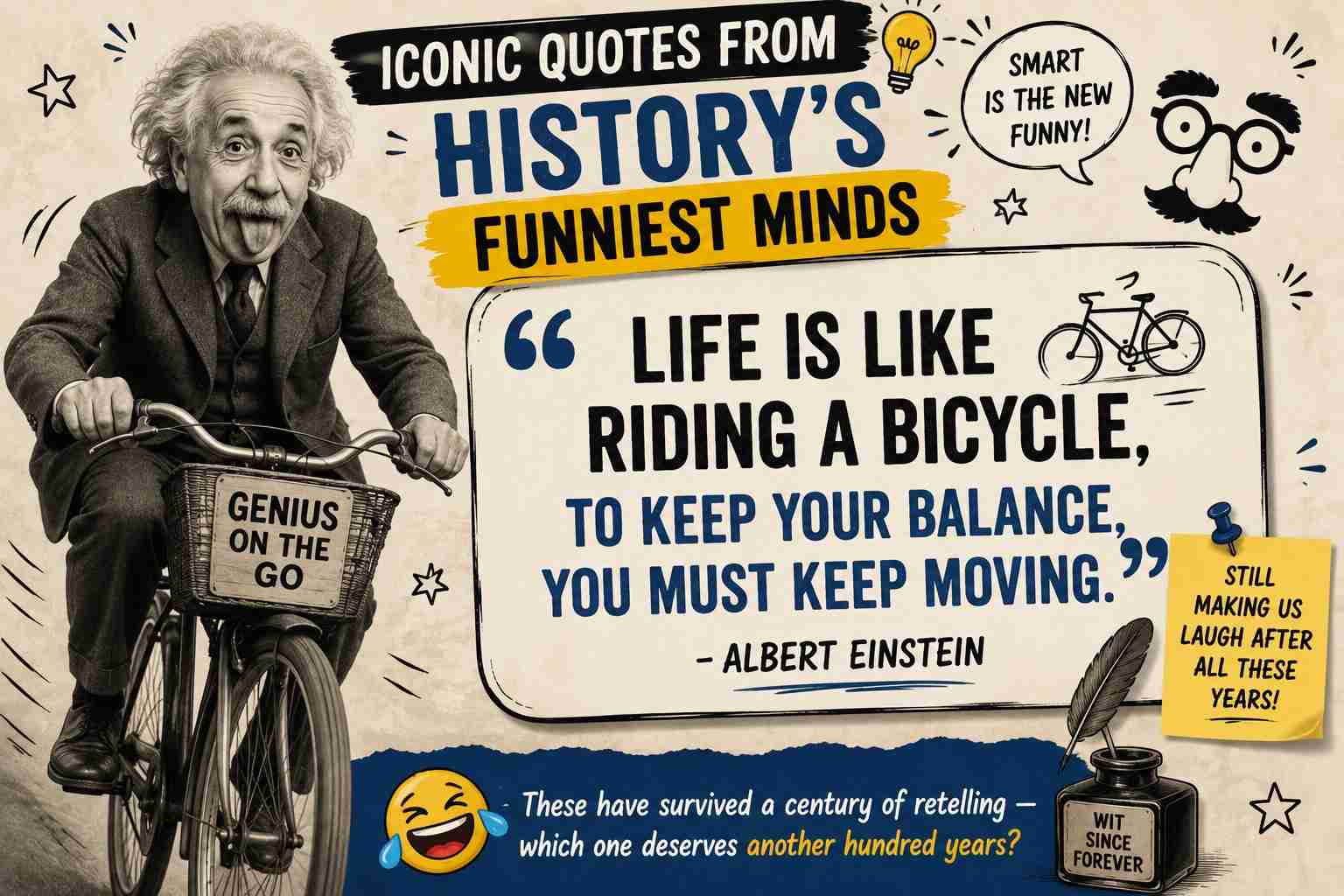 Albert Einstein funny quote card featuring the famous bicycle quote in a colorful vintage-inspired design