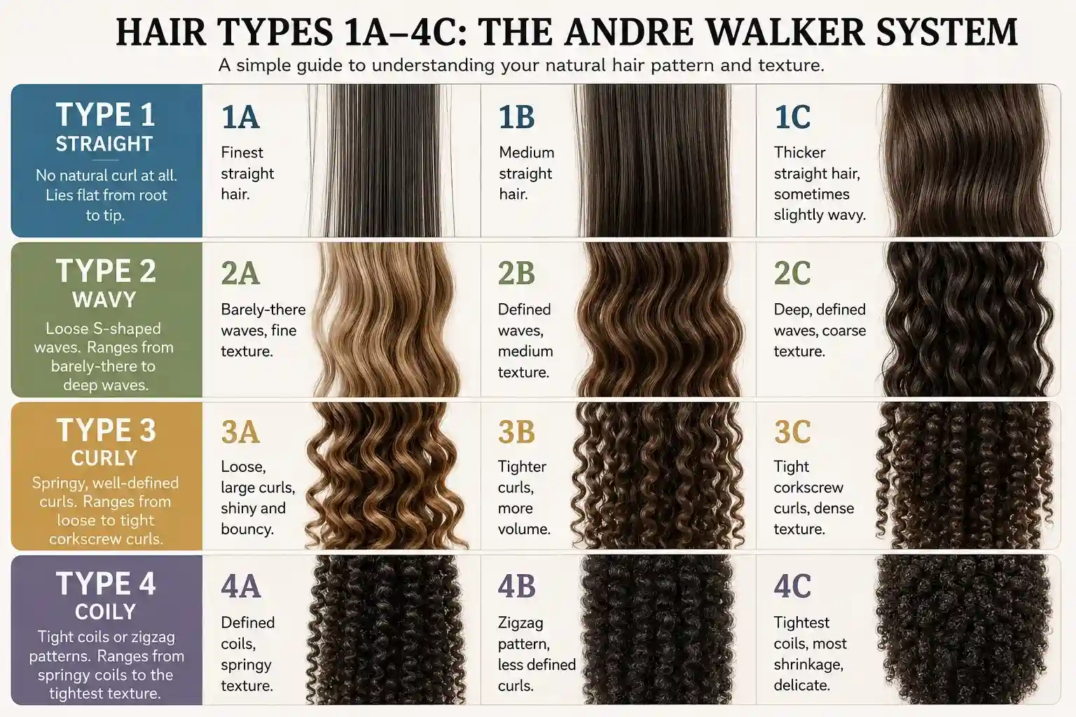 Andre Walker hair typing system chart showing hair types 1A to 4C including straight, wavy, curly, and coily hair