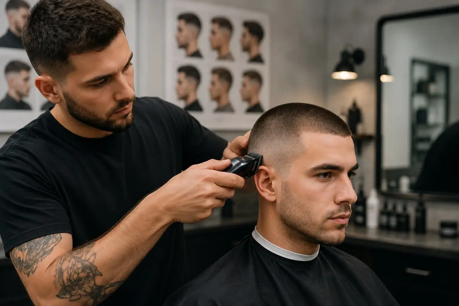 Barber trimming a client's hair with clippers in a modern barbershop