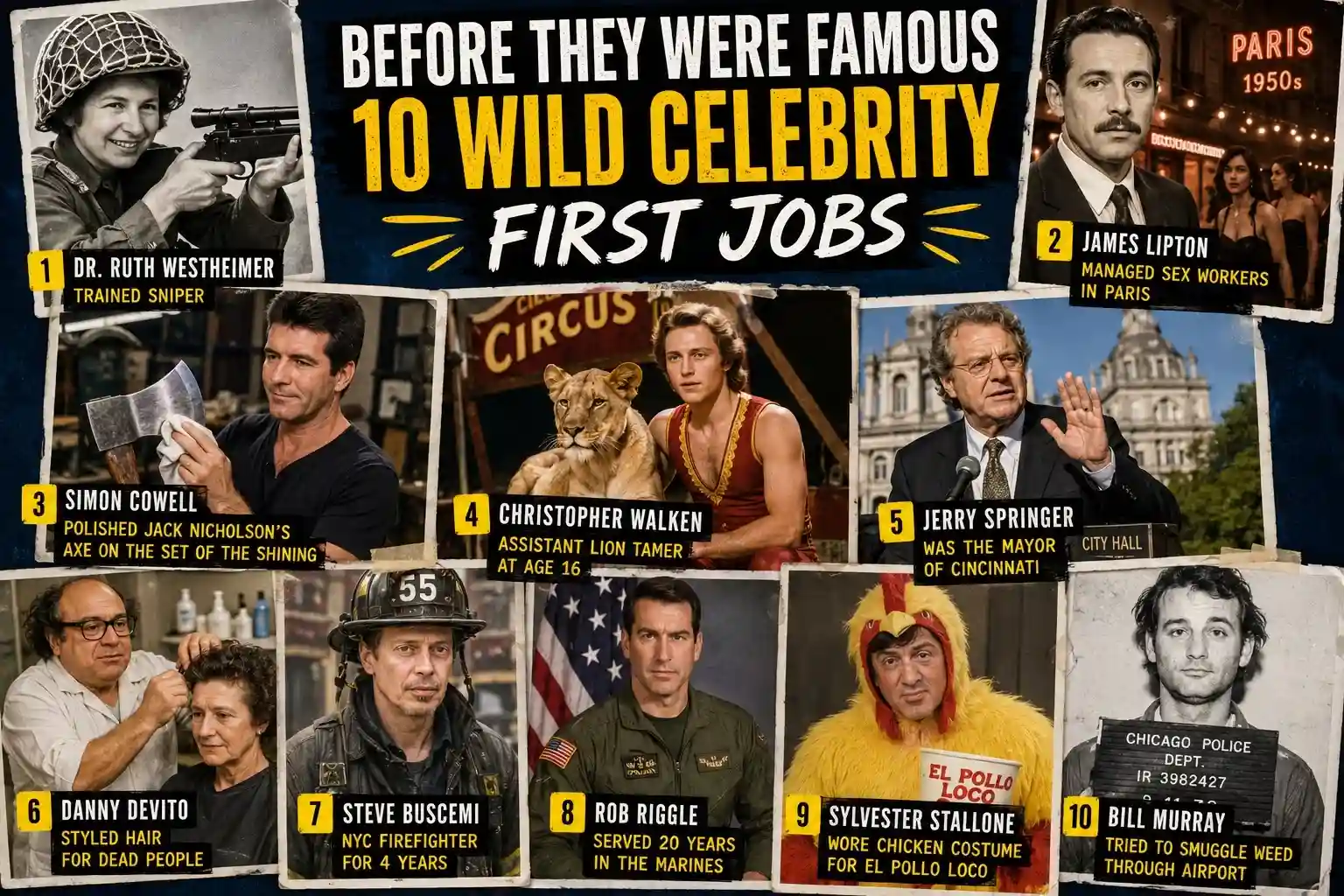 Collage of celebrities before they were famous showing their first jobs including firefighter, lion tamer, sniper, hairdresser, mayor, and chicken mascot