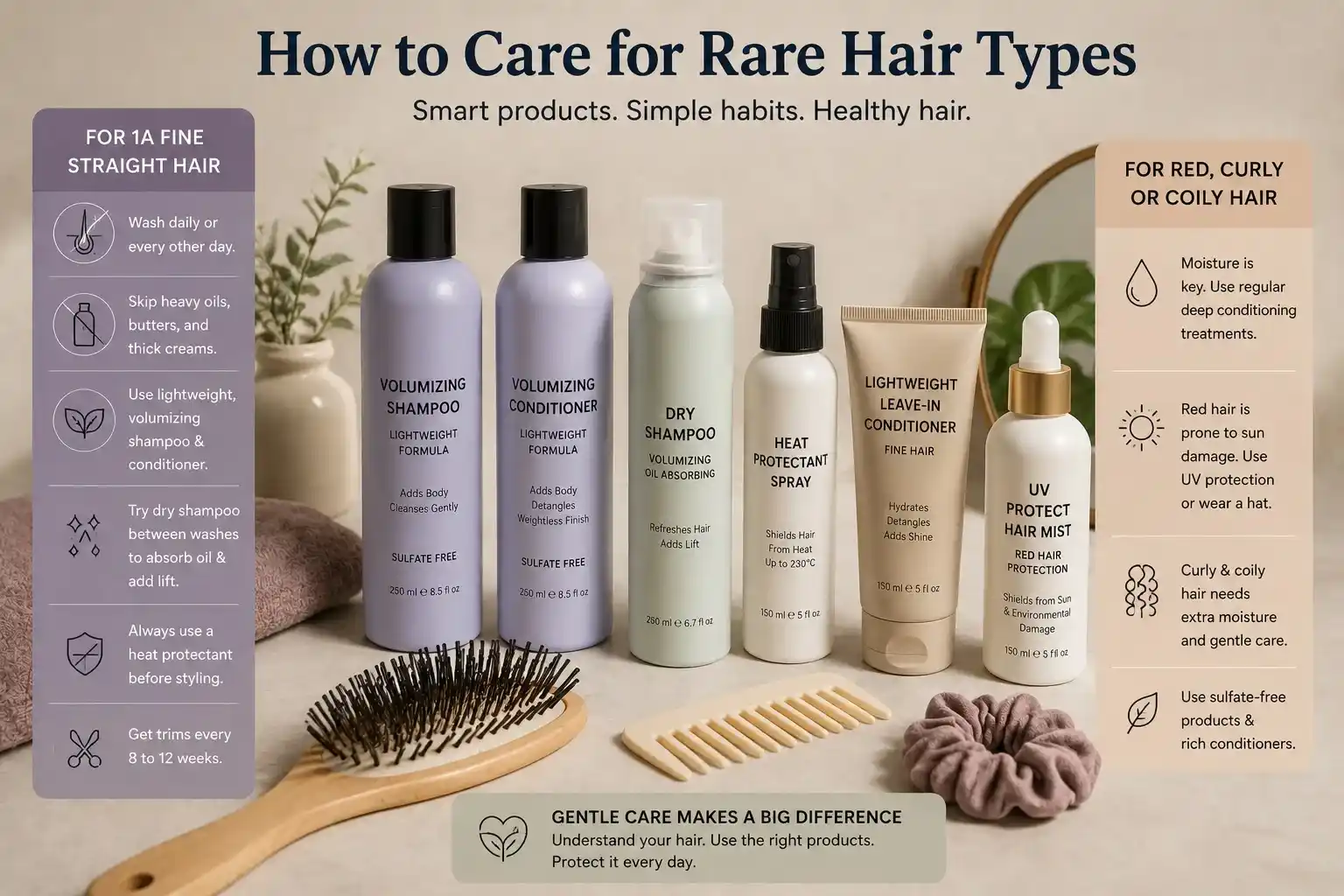 Hair care products for rare hair types including Type 1A fine straight hair and naturally red curly hair