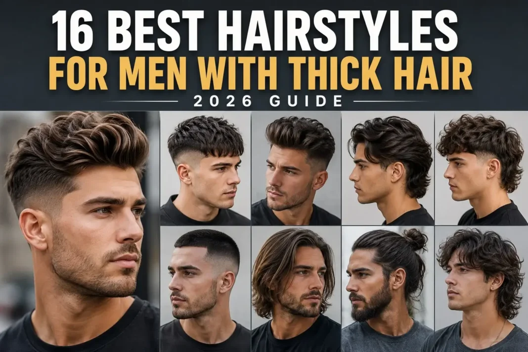 16 Best Hairstyles for Men With Thick Hair 2026 Guide Best hairstyles for men with thick hair featuring crew cut, textured crop, quiff, pompadour, undercut, man bun, and other trendy haircuts in 2026