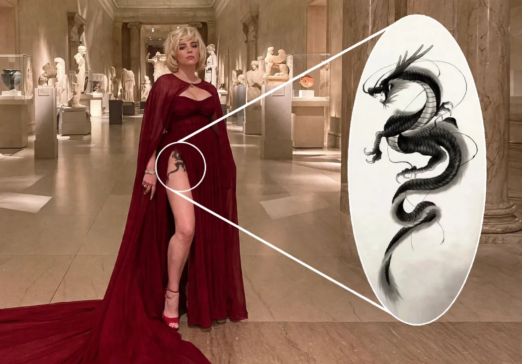 Image ALT Text:Billie Eilish in red sheer gown showing dragon thigh tattoo with magnified tattoo detail inset
