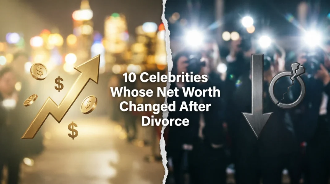 celebrities-net-worth-changed-after-divorce Editorial graphic symbolizing celebrity net worth changes after divorce with wealth arrows and a broken ring icon