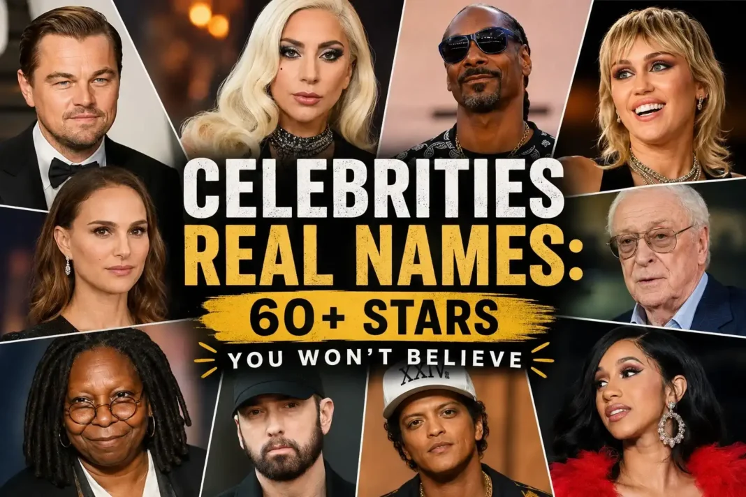 Celebrities real names collage featuring famous actors, musicians, and entertainers who changed their birth names for stage names.