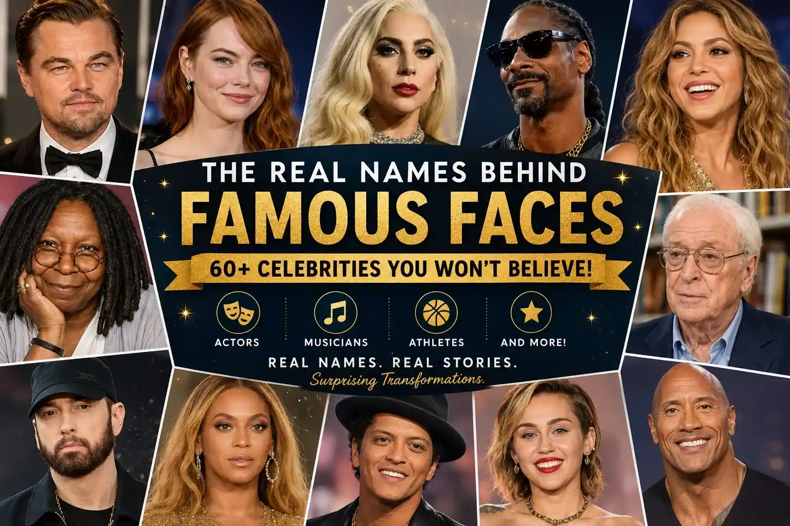 Collage of famous celebrities whose real names are different from their stage names, including actors, musicians, and entertainers.