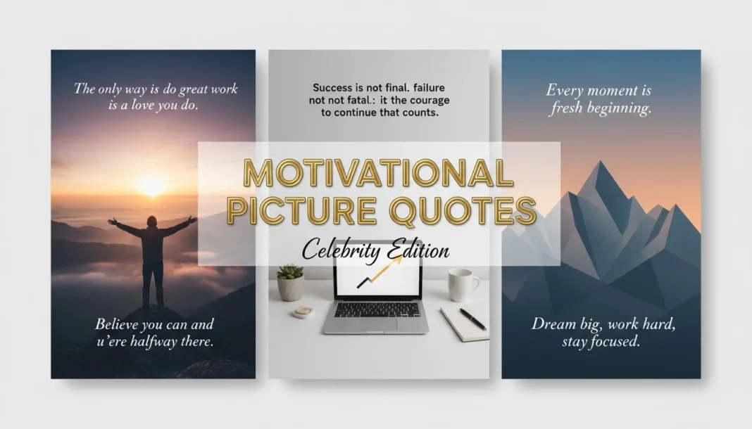 A professional feature image for an article about Celebrity Motivational Picture Quotes featuring an inspiring collage of success, hard work, and perseverance themes.