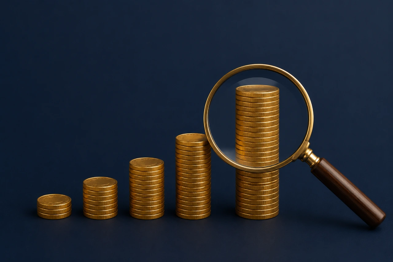 Rising bar chart of gold coins representing how celebrity net worth is estimated
