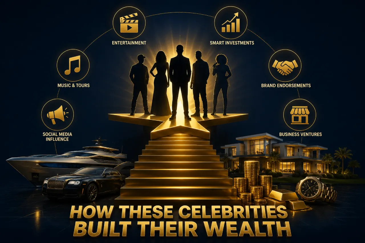 Icons representing film, music, sports, and television industries behind celebrity wealth