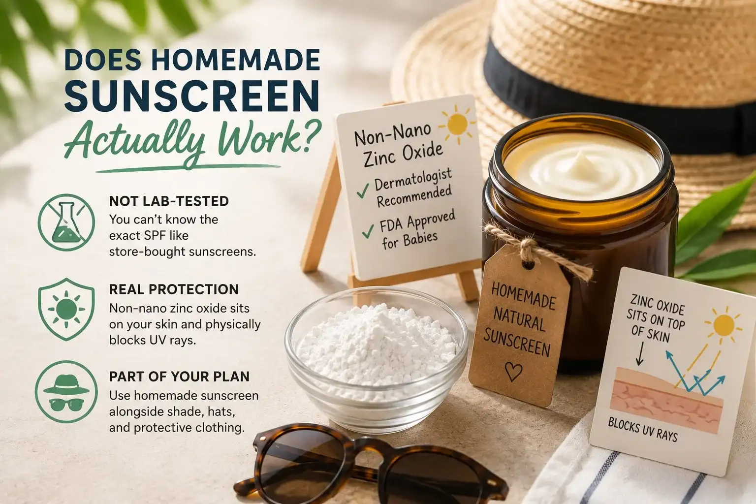 Non-nano zinc oxide used in homemade natural sunscreen to provide mineral UV protection by sitting on top of the skin.