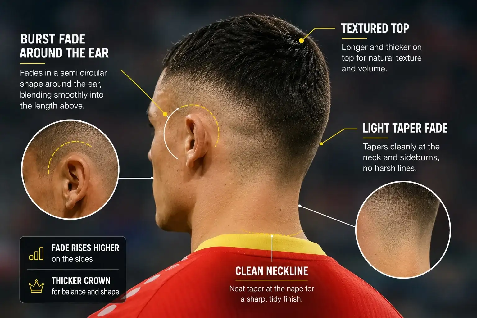 Back view of Florian Wirtz hairstyle showing a burst fade around the ear, light taper fade at the neckline, and textured top