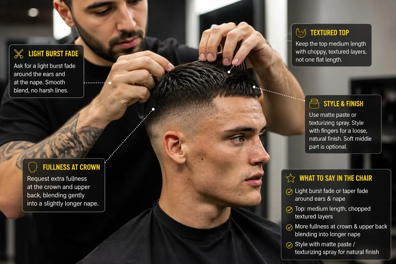 Barber styling the Florian Wirtz haircut with a light burst fade, textured top, and clean taper fade for a modern footballer hairstyle