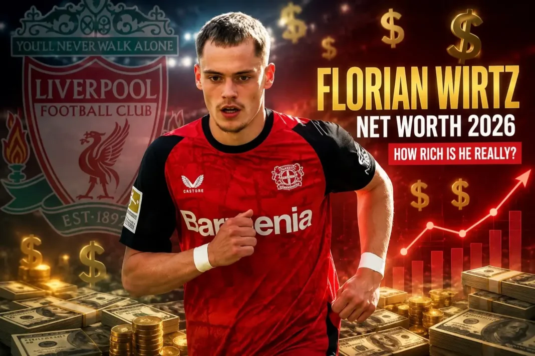 Florian Wirtz net worth 2026 featuring Liverpool transfer, salary, cash, dollar signs, and earnings concept.