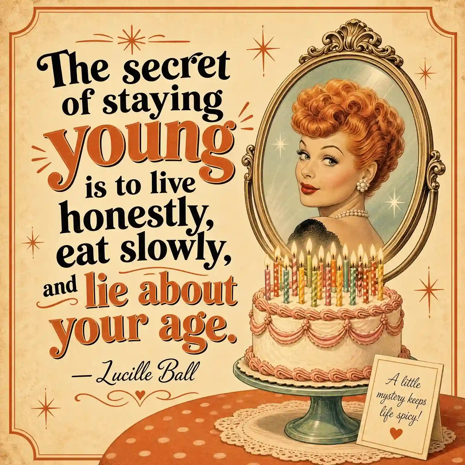 Funny quote card about aging by Lucille Ball: The secret of staying young is to live honestly, eat slowly, and lie about your age.