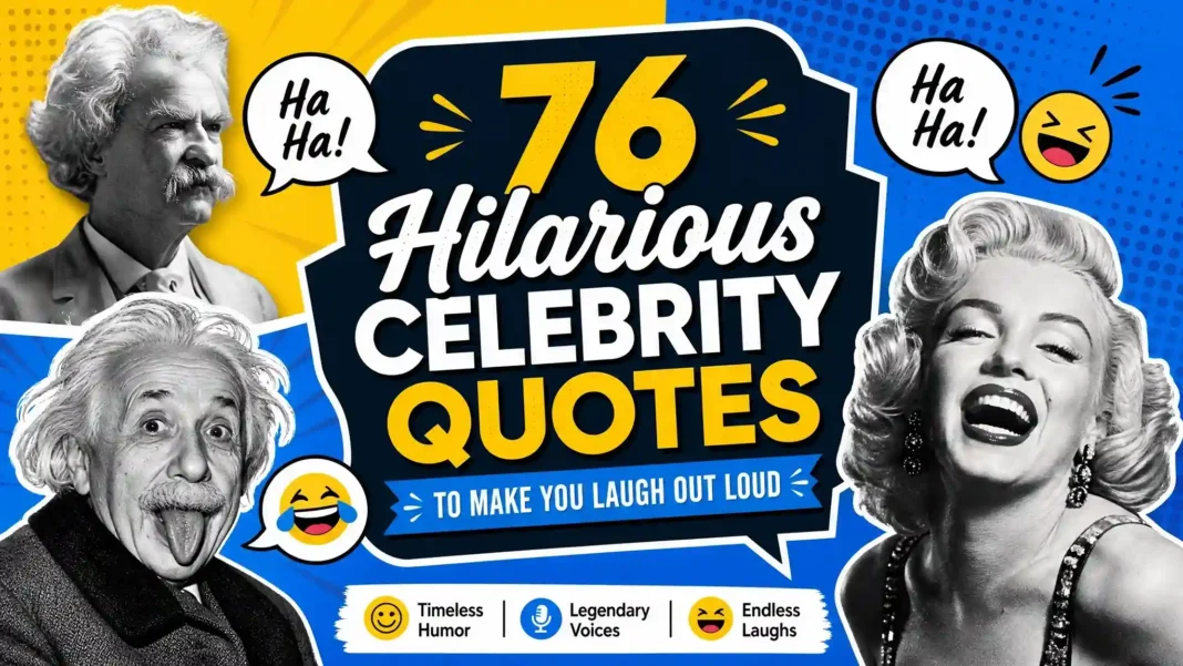 Funny Celebrity Quotes - 76 Hilarious Lines to Make You Laugh Feature image for a blog post about 76 funny celebrity quotes, showing laughing portraits of Mark Twain, Albert Einstein, and Marilyn Monroe.