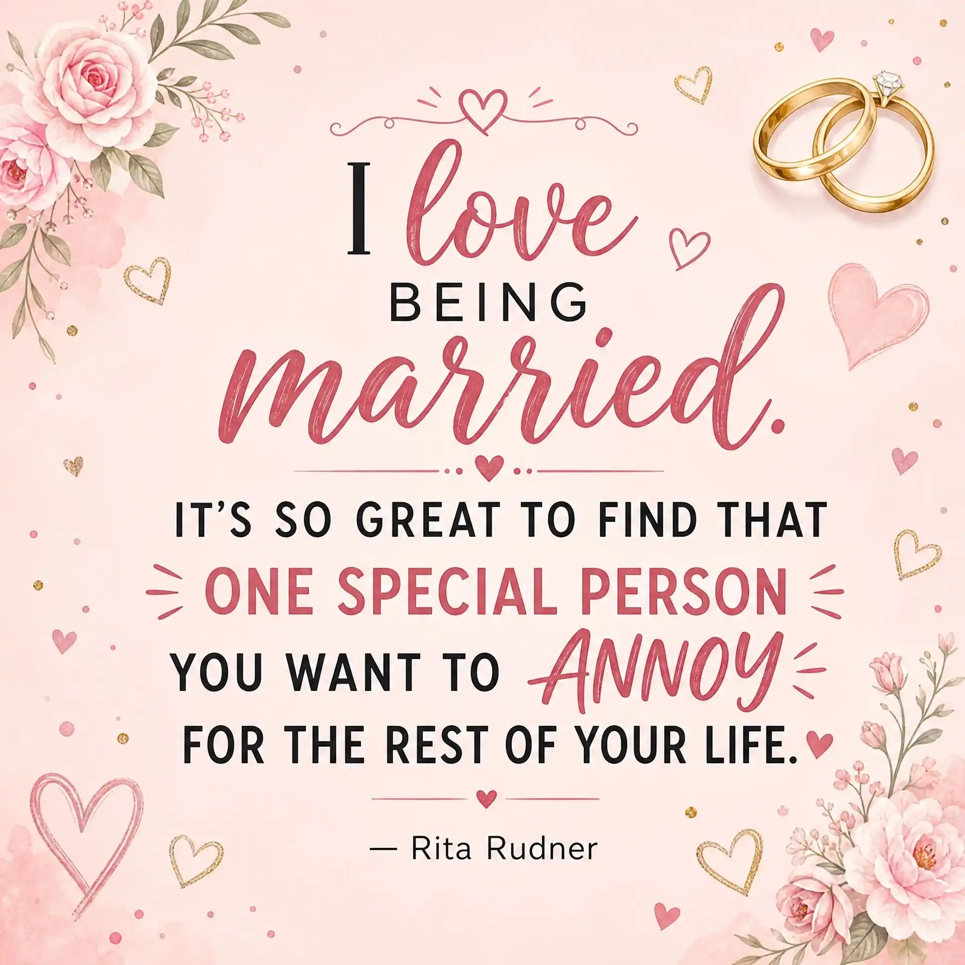 Funny marriage quote card by Rita Rudner: I love being married. It's so great to find that one special person you want to annoy for the rest of your life.