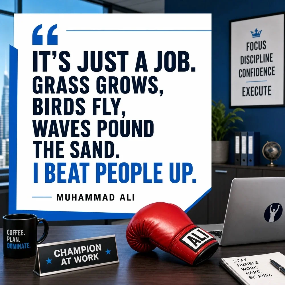 A funny work-related quote card by Muhammad Ali: It's just a job. Grass grows, birds fly, waves pound the sand. I beat people up.