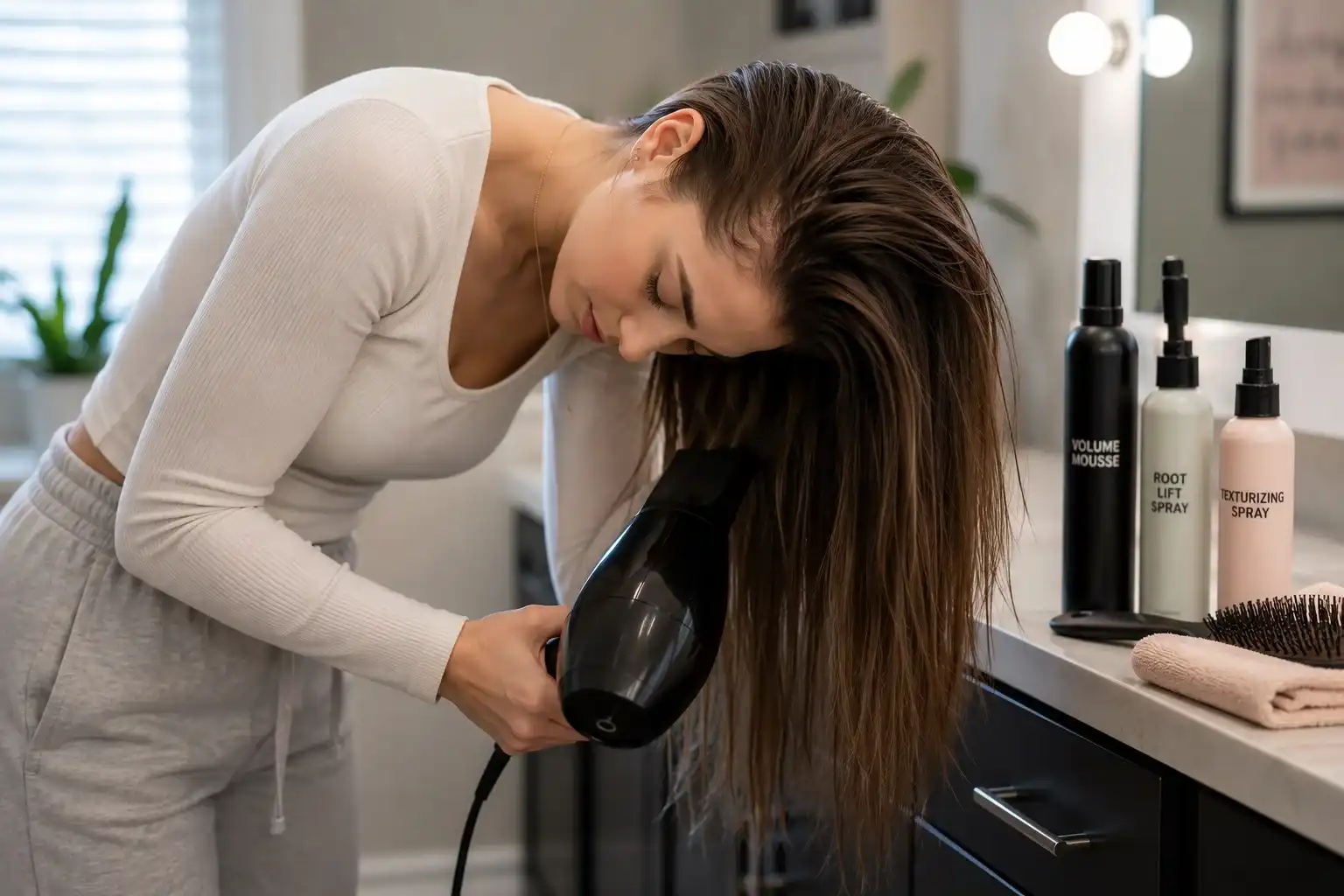 Person blow drying Type 1A fine straight hair upside down to add volume using root lift styling technique