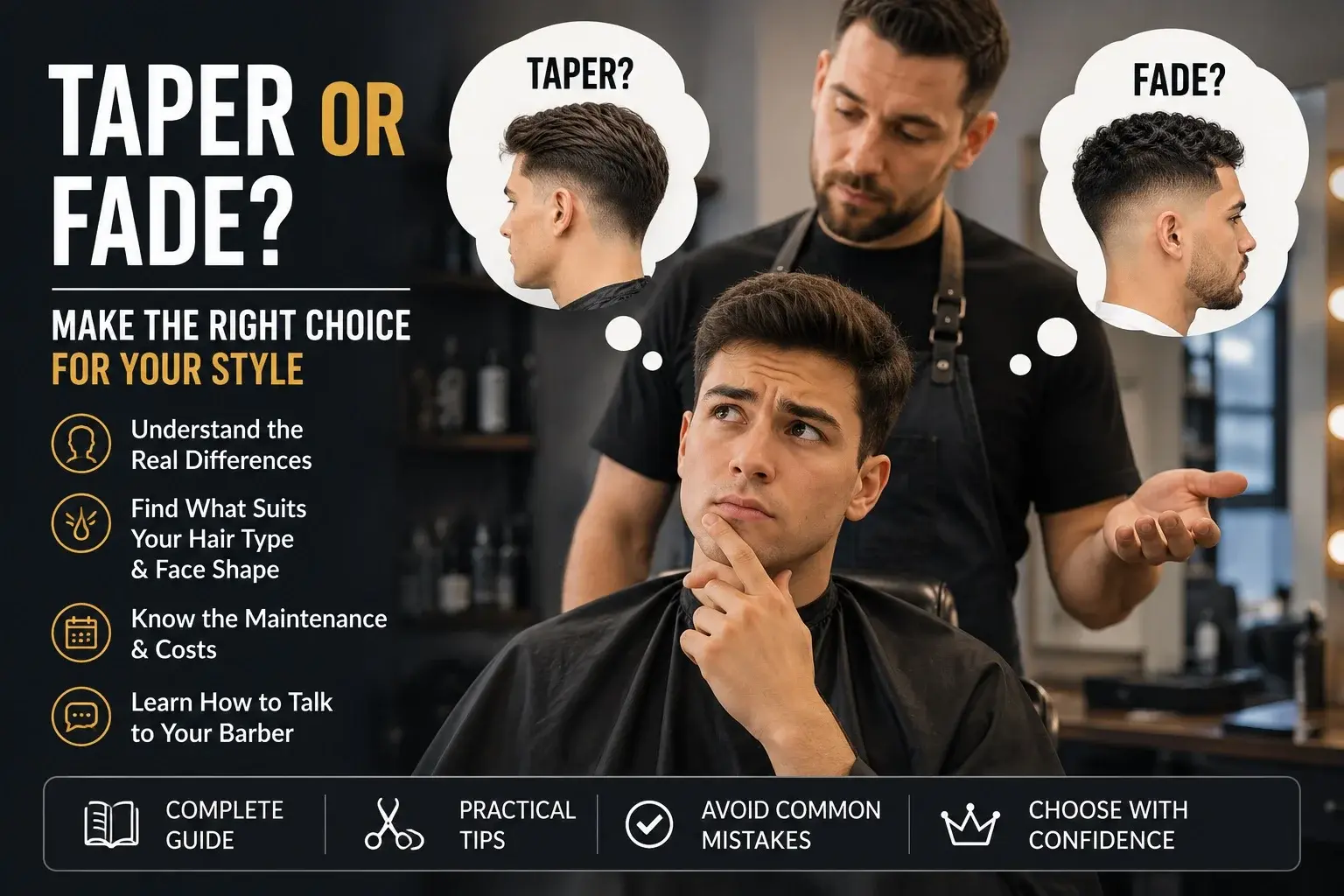 Man choosing between taper and fade haircut in a barber chair before getting a men's haircut