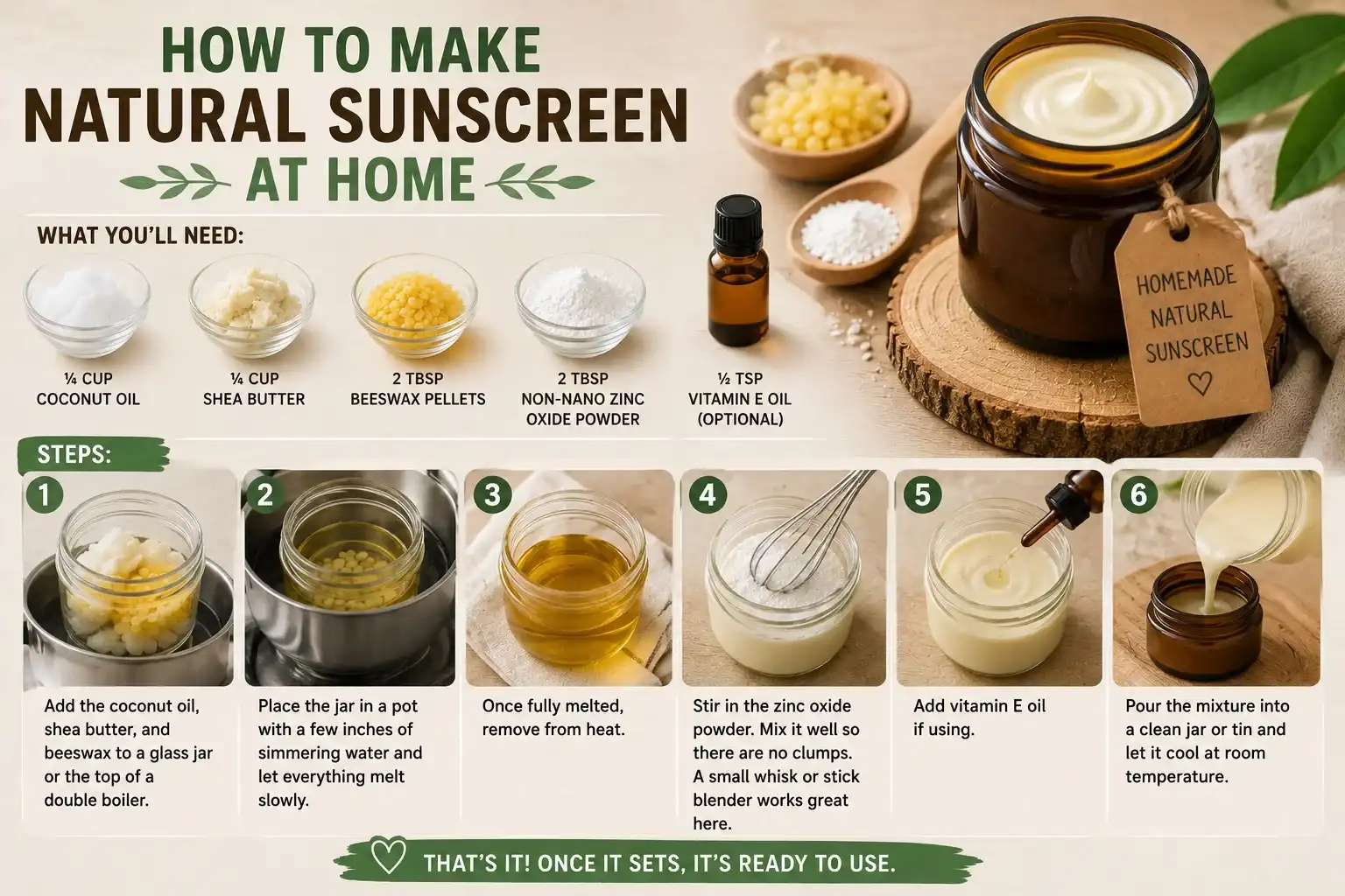 Step-by-step DIY guide showing how to make natural sunscreen at home with coconut oil, shea butter, beeswax, non-nano zinc oxide, and vitamin E oil.