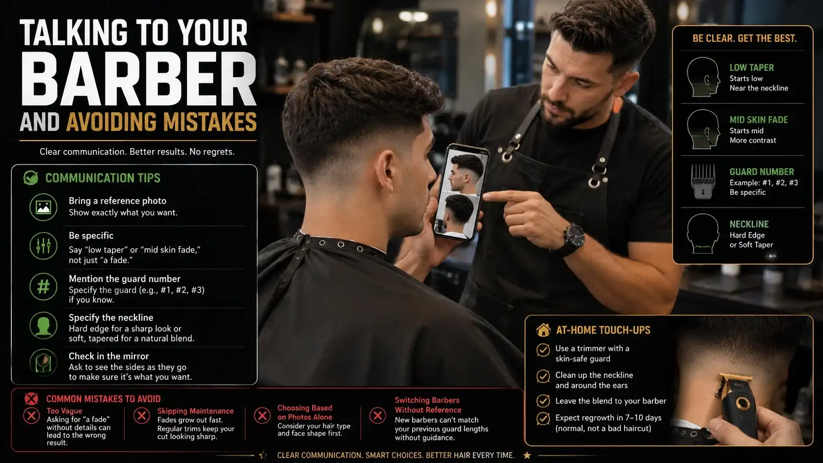 Man showing a haircut reference photo to a barber with taper and fade communication tips, common mistakes, and at-home touch-up advice