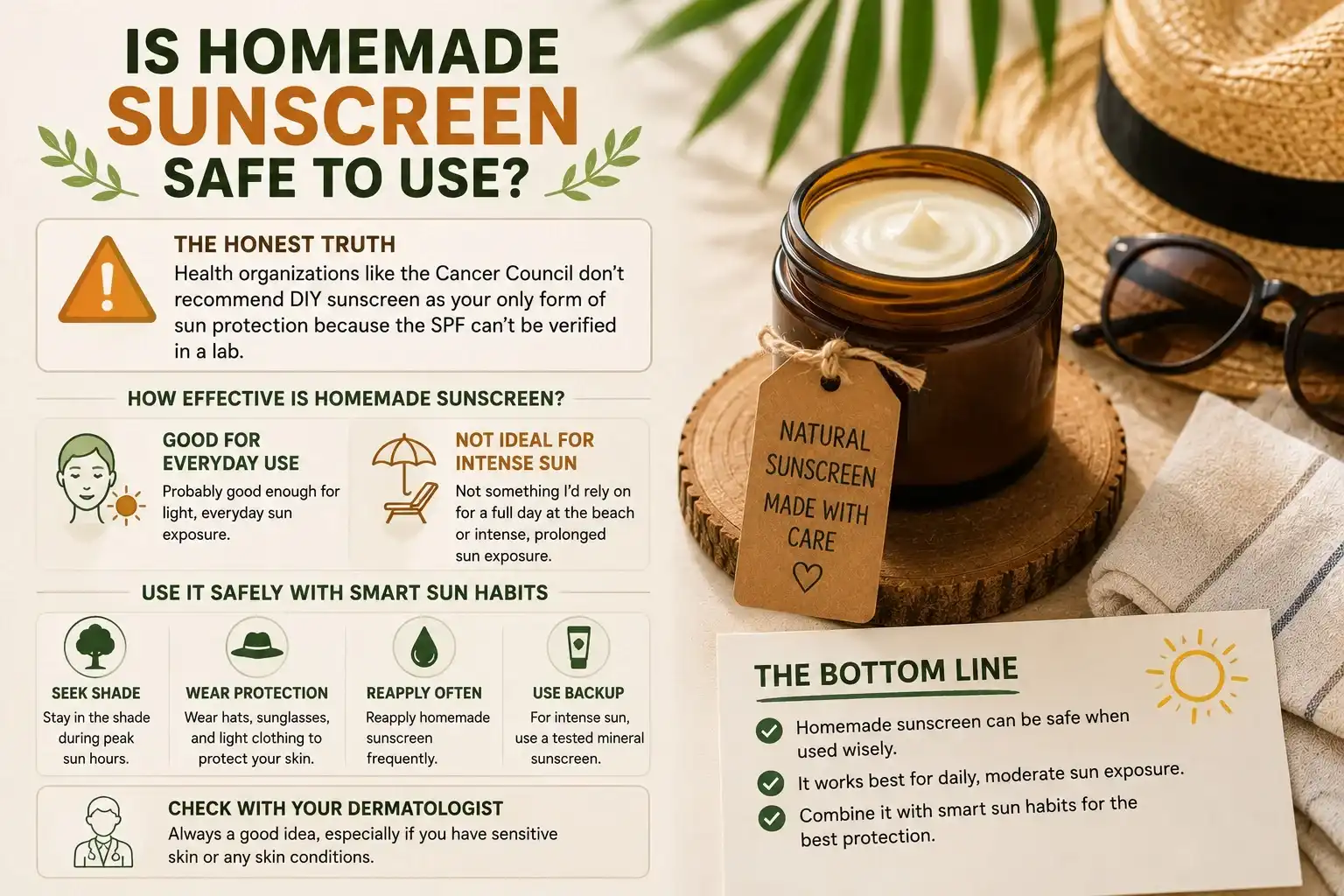 Homemade natural sunscreen safety guide showing safe sun protection practices, reapplication, shade, protective clothing, and mineral sunscreen backup.