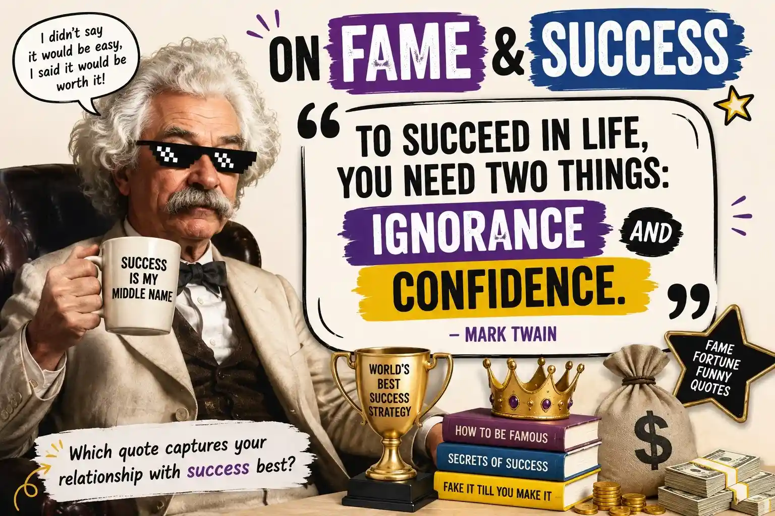 Mark Twain funny success quote card featuring a humorous illustration about fame, confidence, and success