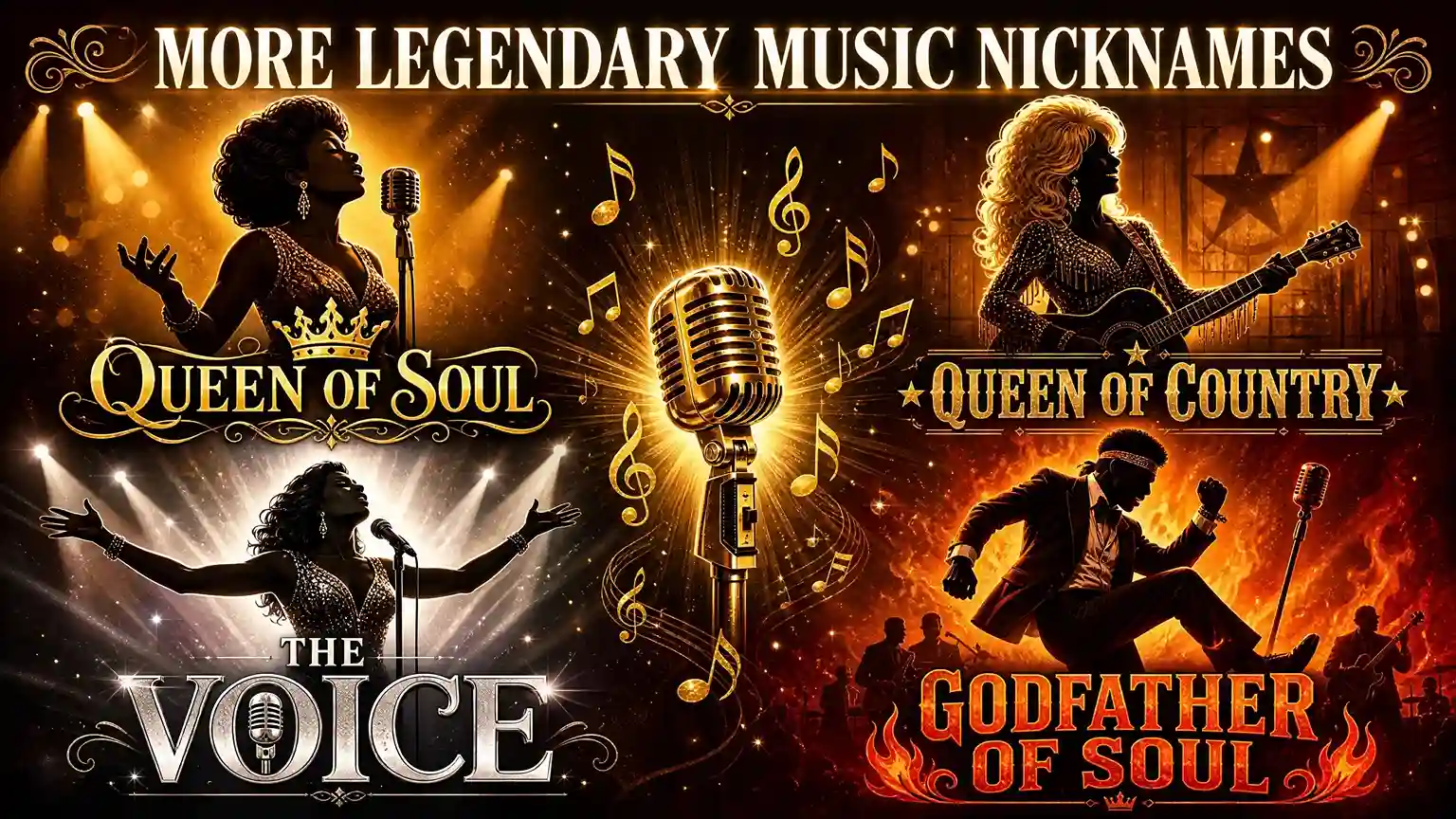More legendary music celebrity nicknames collage featuring Queen of Soul, Queen of Country, The Voice, and Godfather of Soul with iconic music legends and their famous honorary titles