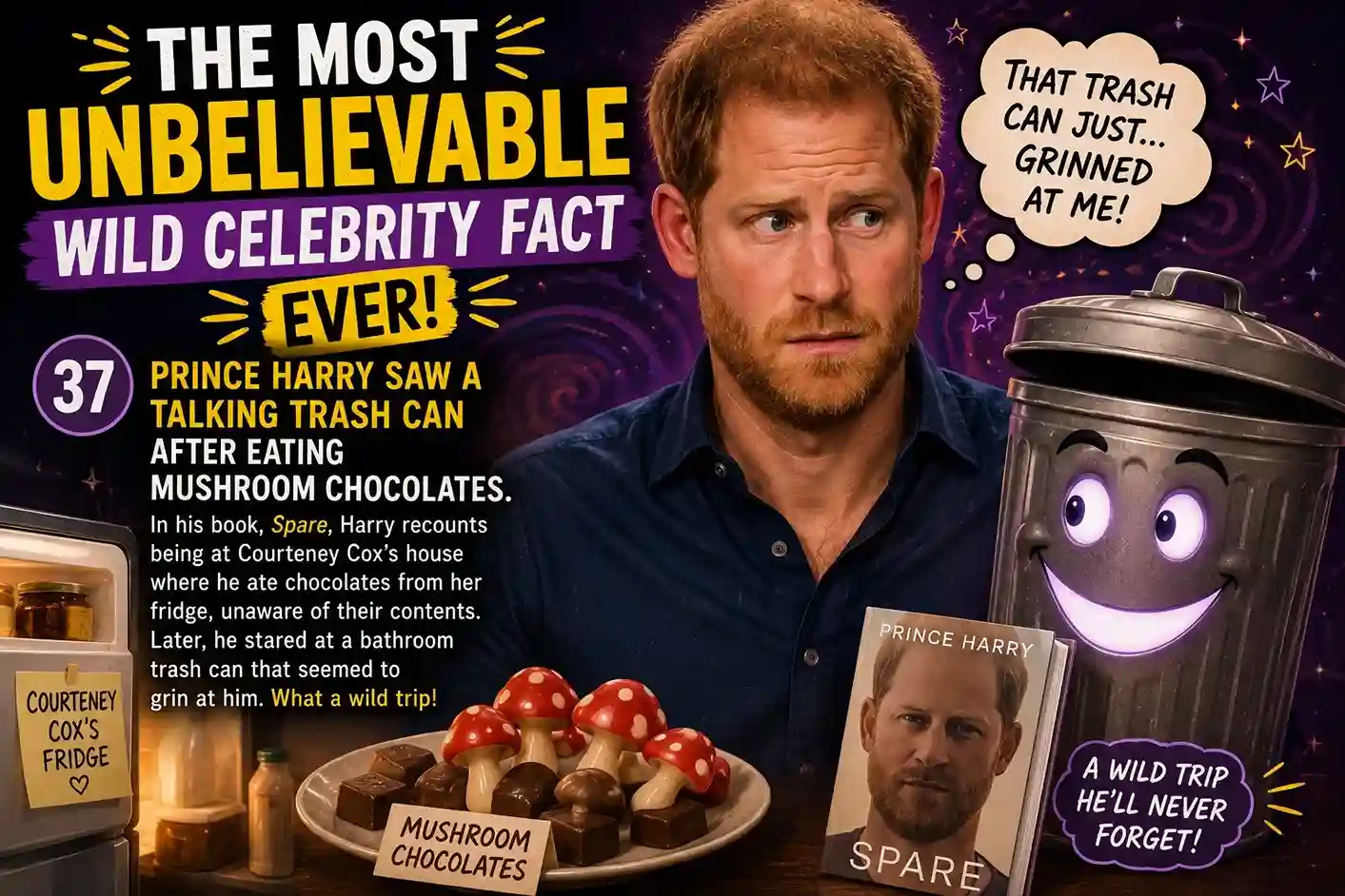Prince Harry reacting to a smiling trash can after eating mushroom chocolates in one of the most unbelievable wild celebrity facts
