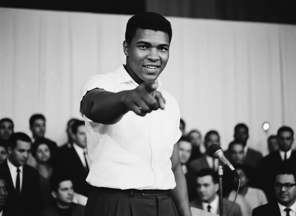Young Muhammad Ali pointing confidently at the camera, representing self-belief and motivational quotes.