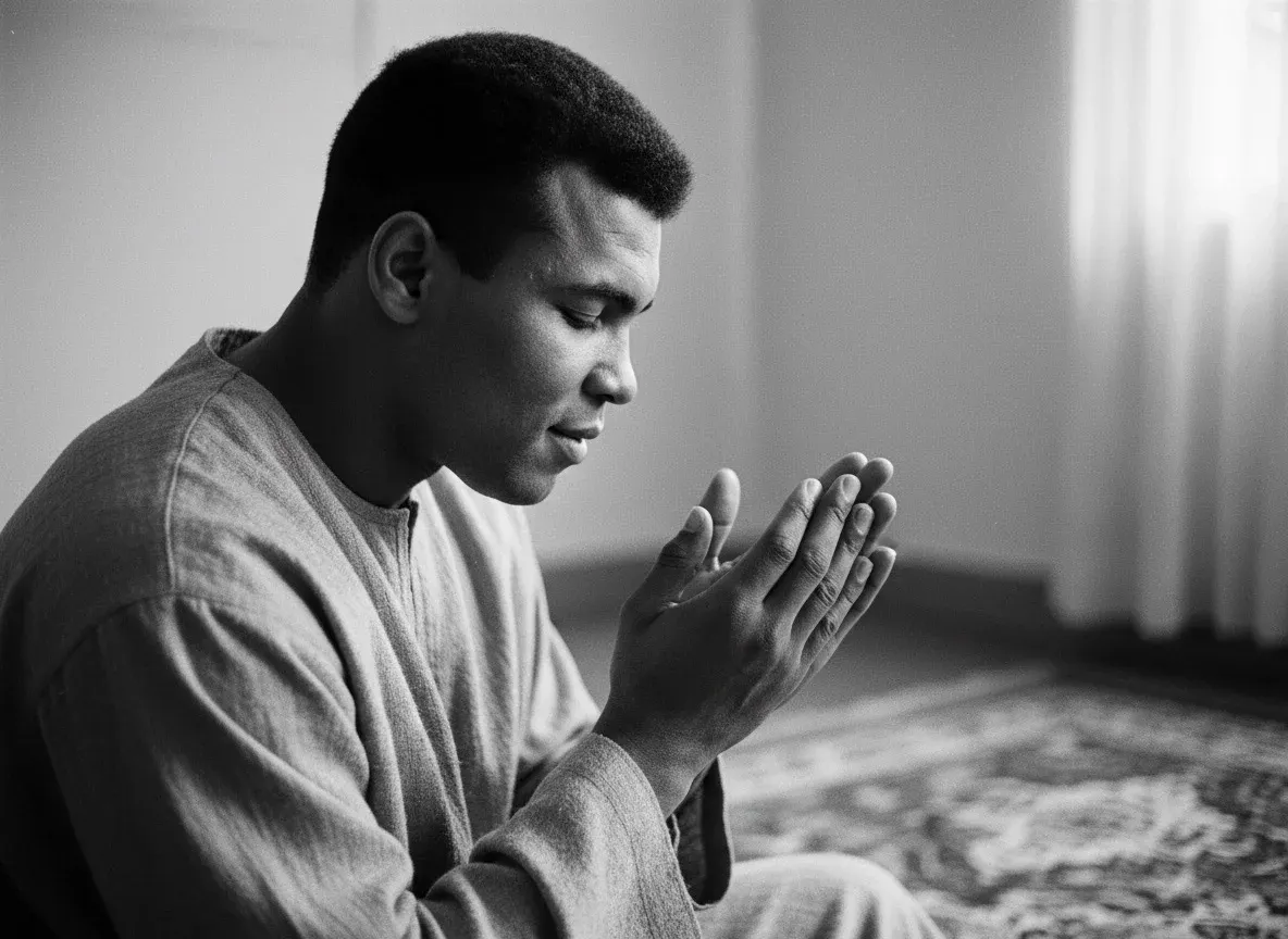 Muhammad Ali in a peaceful and contemplative pose, representing his deep faith and spiritual journey in Islam.