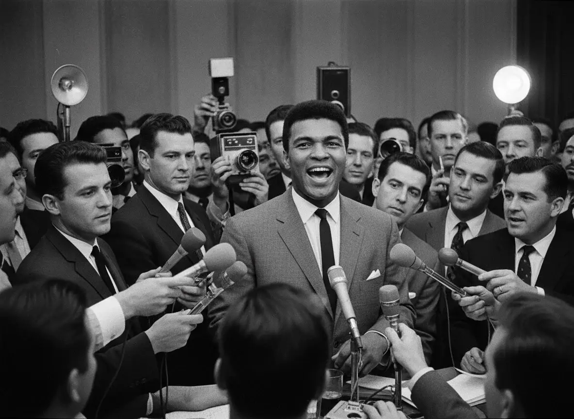 Muhammad Ali laughing and talking at a press conference, representing his legendary funny and cocky trash-talk quotes.