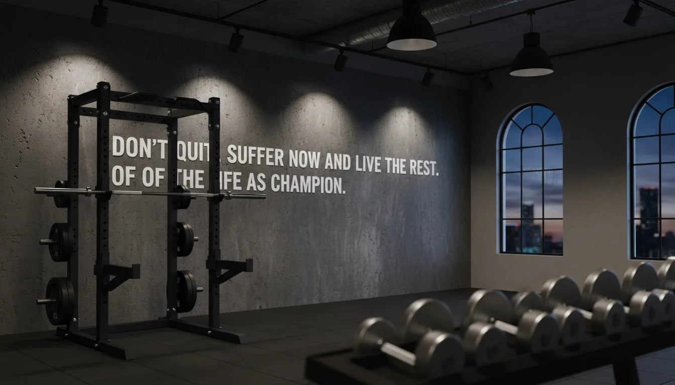 Modern gym interior featuring Muhammad Ali's motivational quote 'Don't quit' on a dark concrete wall.