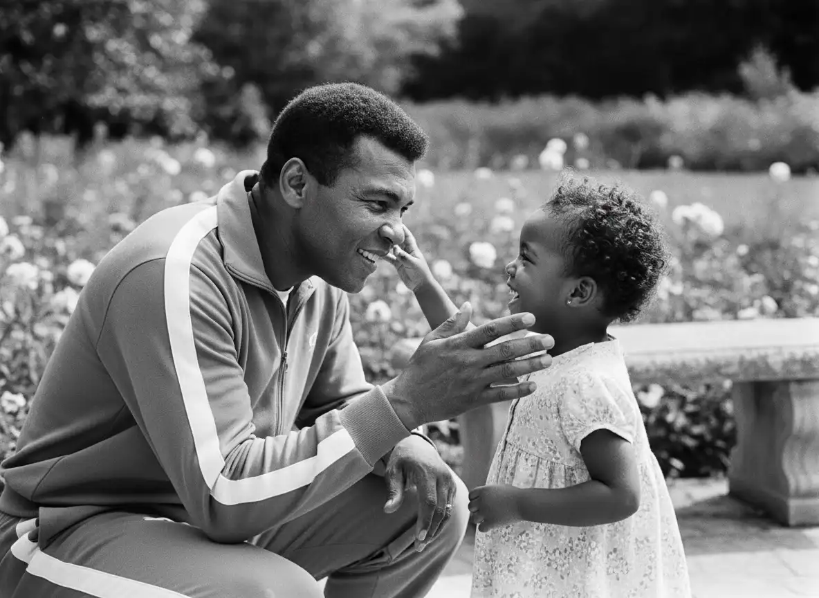 Muhammad Ali smiling warmly while interacting with a young child, representing his message of service and kindness.