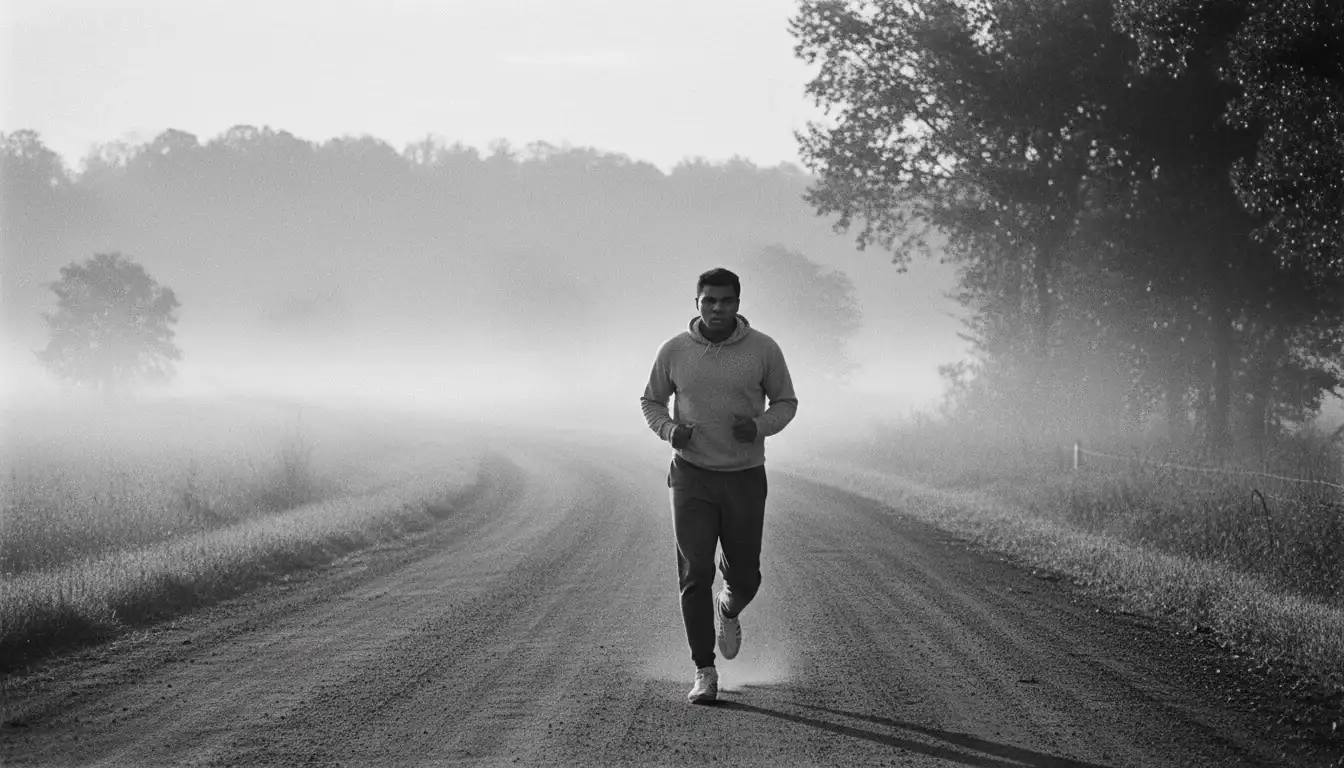 Muhammad Ali running on a misty road at dawn, showcasing his legendary hard work and discipline in training.