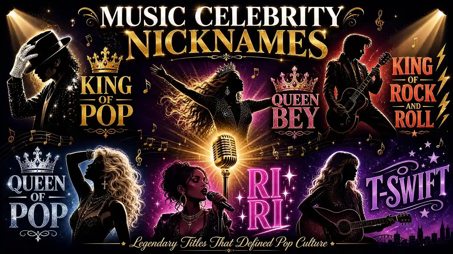 Famous music celebrity nicknames collage featuring King of Pop, Queen Bey, King of Rock and Roll, Queen of Pop, RiRi, and T-Swift representing the greatest musical legends and their iconic titles
