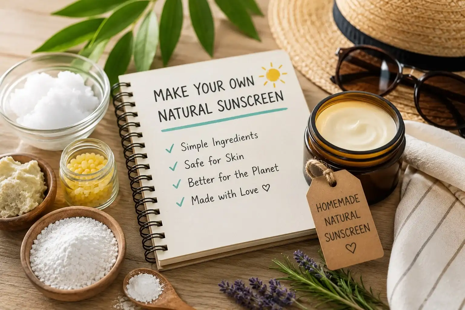 Natural ingredients for homemade sunscreen including coconut oil, shea butter, beeswax, and non-nano zinc oxide used to make natural sunscreen at home.