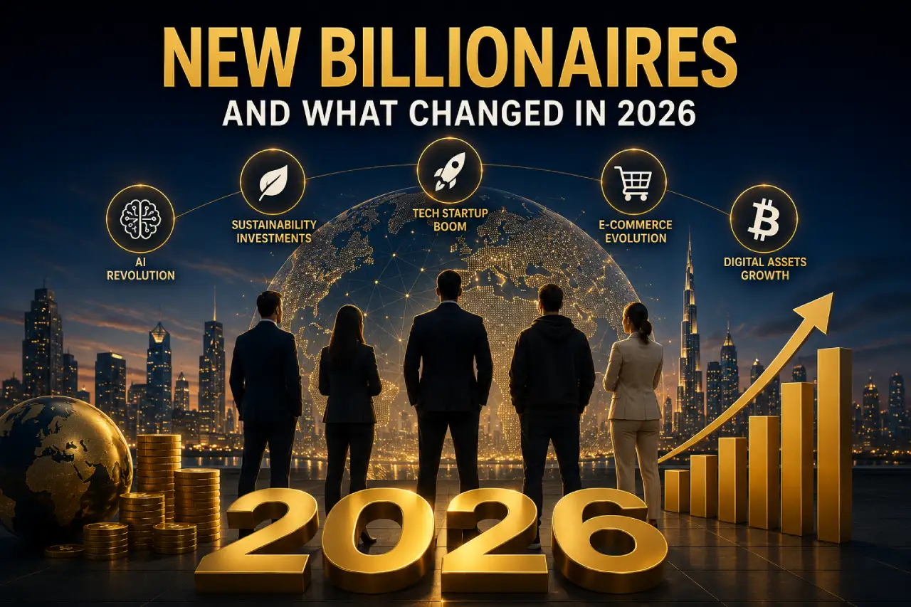 Golden door opening to symbolize new celebrities joining the billionaire club in 2026