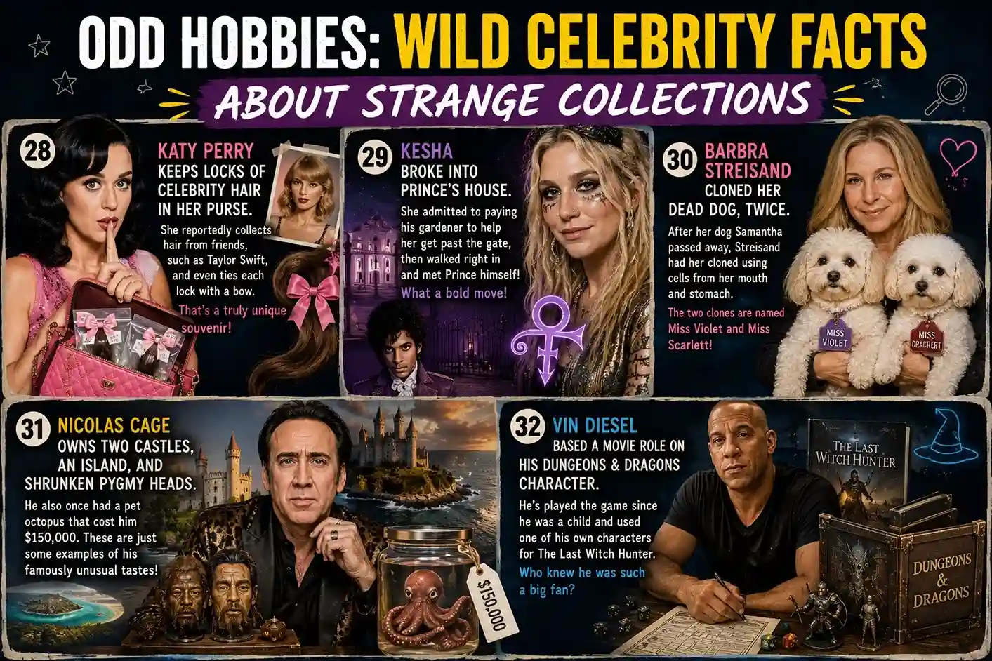 Illustration of celebrities with unusual hobbies and strange collections including Katy Perry, Kesha, Barbra Streisand, Nicolas Cage, and Vin Diesel