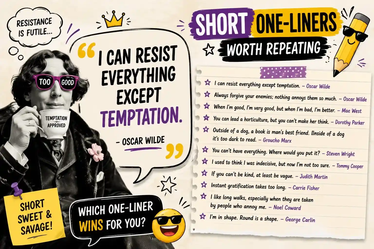 Oscar Wilde funny one-liner quote card featuring the quote "I can resist everything except temptation" in a colorful design