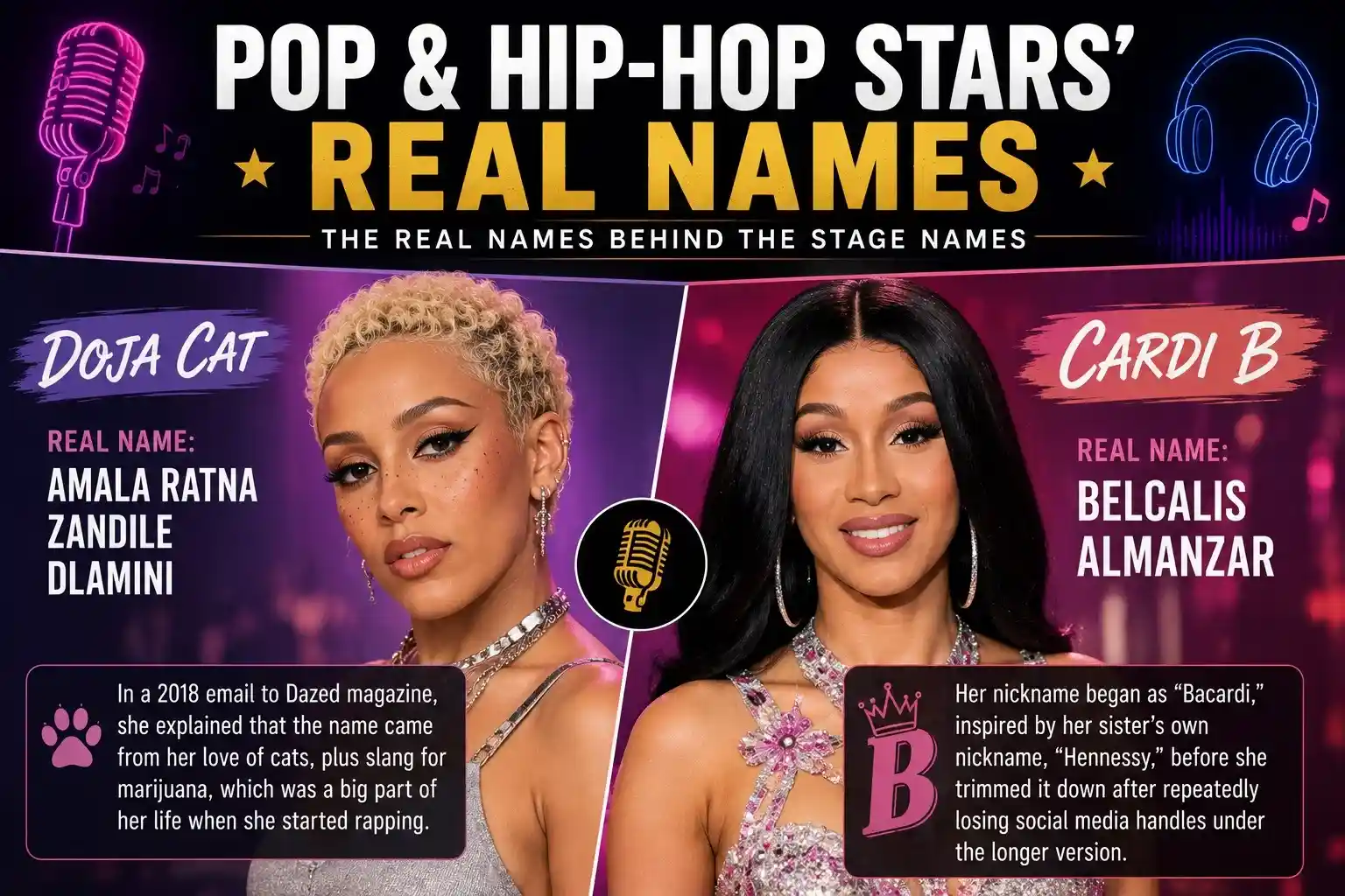 Doja Cat and Cardi B with their real birth names displayed in a comparison graphic about pop and hip-hop artists who use stage names.