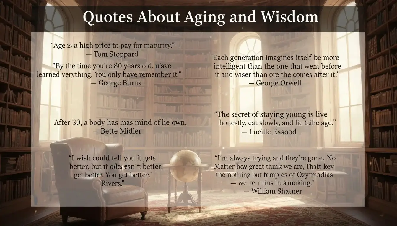 Quotes about aging and wisdom illustrated with an elderly person reflecting on life experience