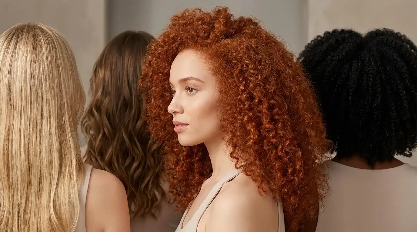 A diverse group of individuals showcasing various hair textures, including ultra-fine straight Type 1A, wavy, and tight coily hair. The central figure has vibrant natural red curly hair, representing the world's rarest hair combination. The image highlights hair diversity and the unique characteristics of different hair types.