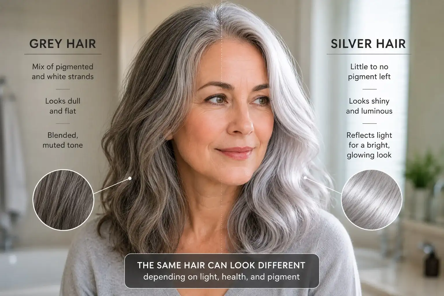 Woman with mixed grey and silver hair showing how the same hair looks dull in one light and shiny in another