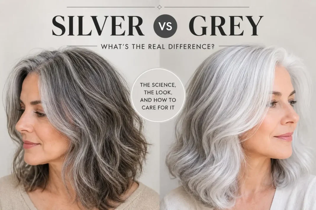 Silver vs Grey Hair Real Difference Comparison Guide Silver vs grey hair comparison showing a woman with mixed grey hair beside bright shiny silver hair to explain the real difference