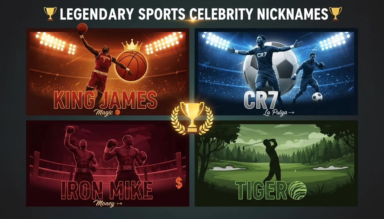 Famous sports celebrity nicknames collage featuring The Greatest Muhammad Ali, His Airness Michael Jordan, Black Mamba Kobe Bryant, CR7 Cristiano Ronaldo, and La Pulga Lionel Messi