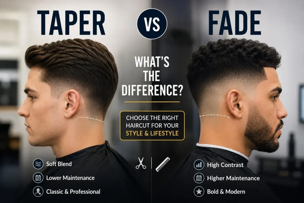 Taper vs fade haircut comparison showing classic taper and modern skin fade men's hairstyles side by side