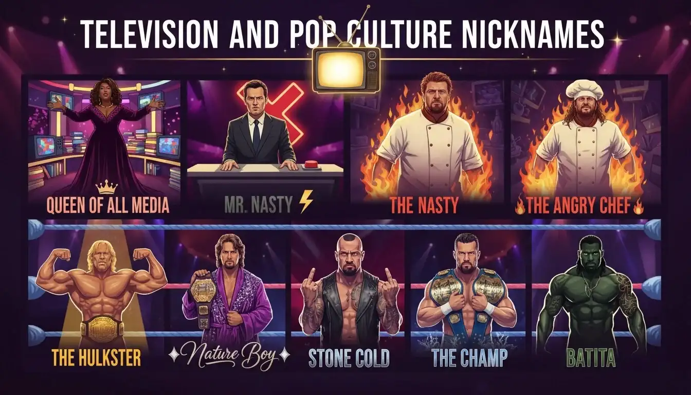 Television and pop culture celebrity nicknames collage featuring Queen of All Media Oprah Winfrey, Mr. Nasty Simon Cowell, The Angry Chef Gordon Ramsay, The Hulkster Hulk Hogan, The Nature Boy Ric Flair, Stone Cold Steve Austin, The Champ John Cena, and Batista